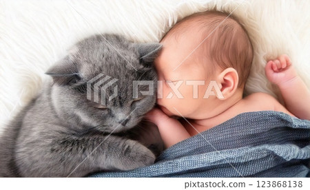 嬰兒與貓咪一起睡覺 123868138