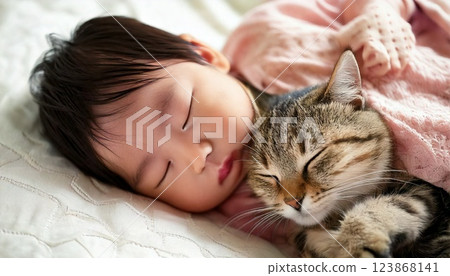 嬰兒與貓咪一起睡覺 123868141