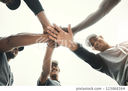 Below, hands and stack for sport, man and baseball with motivation, teamwork and smile together. Softball, circle and hand for sport, fitness and fun with happy, team and goal outdoor before game Below, hands and stack for sport, man and baseball with motivation, teamwork and smile together. Softball, circle and hand for sport, fitness and fun with happy, team and goal outdoor before game 123868164