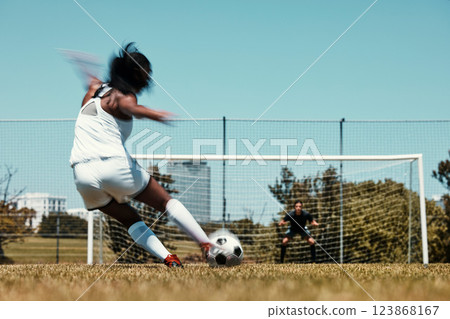 Woman, score and net for goal in soccer, training and sports on field for fitness, health and exercise. Girl, football and kick, aim and workout on grass for sport in summer, sunshine and game Woman, score and net for goal in soccer, training and sports on field for fitness, health and exercise. Girl, football and kick, aim and workout on grass for sport in summer, sunshine and game 123868167