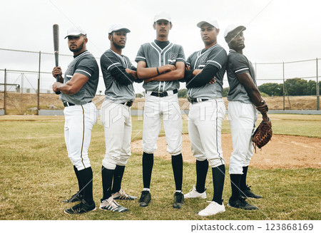 Baseball, team and sports with a man athlete group standing together on a field or grass pitch together. Teamwork, uniform and sport with a male player and friends ready for a game or match outdoor 123868169