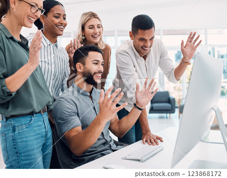 Video conference, business and employees with wave while talking on a computer together at work. Happy, corporate and young group of marketing employees greeting on a webinar on a pc in an office Video conference, business and employees with wave while talking on a computer together at work. Happy, corporate and young group of marketing employees greeting on a webinar on a pc in an office 123868172