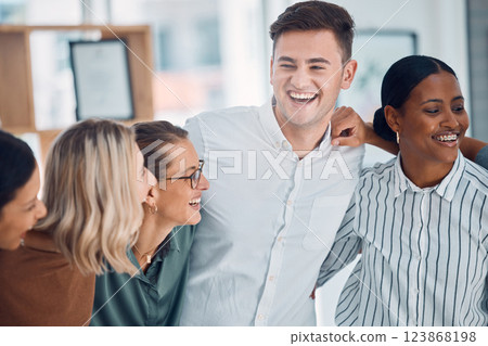 Business people, laughing or team building diversity in office, company or startup for collaboration success, motivation or global brand growth. Happy, smile or men or creative women in fun work game 123868198