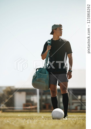 Thinking man, soccer ball or grass field for training, workout or exercise for Brazilian competition game. Football player, sports person or fitness match with kit bag, wellness ideas or vision goals 123868262