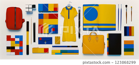 Back to school flatlay. Dress, books, pencils, brushes, notebooks isolated on white background 123868299