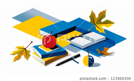 Back to school flatlay on white background. Books, maple leaves, apple, pens and pencils 123868300