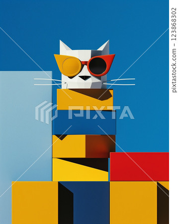 3d white cat with books. Abstract image for back to school stories. Blue, yellow, red 123868302