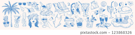 Tropical summer doodle set, vector exotic island party drink collection, paradise vacation icon kit. 123868326