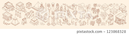 Egypt isometric map set, vector hand drawn line object ancient architecture landscape illustration. Egypt isometric map set, vector hand drawn line object ancient architecture landscape illustration. 123868328