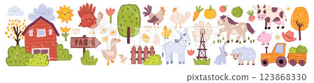 Farm animal kids doodle, village nature childish scribble hand drawn set, cute vector cartoon donkey 123868330