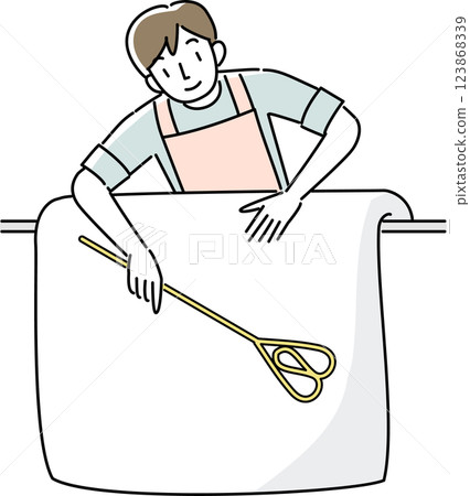 A man wearing an apron beating a futon that has been hung out to dry 123868339