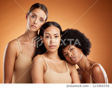 Beauty, diversity and skincare friends in studio, advertising natural, wellness and neutral product. Portrait, women and luxury model group bonding, grooming and hygiene routine for different people Beauty, diversity and skincare friends in studio, advertising natural, wellness and neutral product. Portrait, women and luxury model group bonding, grooming and hygiene routine for different people 123868356