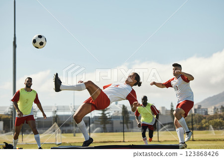 Sports, soccer and soccer player with team and soccer ball in power kick while playing on soccer field. Energy, fitness and football with football players competing in training, exercise and practice Sports, soccer and soccer player with team and soccer ball in power kick while playing on soccer field. Energy, fitness and football with football players competing in training, exercise and practice 123868426