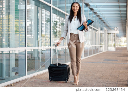 Travel, airport and and suitcase with business woman and walking for global, management and corporate journey. Leadership, ceo and luggage with executive professional for flight, vacation or career 123868434
