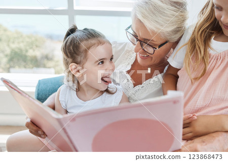 Story, book and reading family with baby in their home for child development, education and language learning. Excited girl kid with grandmother creative teaching or kindergarten knowledge on holiday 123868473