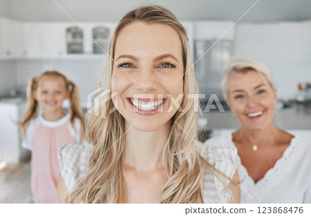 Mom, happy and portrait of family with foreground in house with cheerful smile of single parent. Love, mother and joyful family home of women with young child and grandparent living together. Mom, happy and portrait of family with foreground in house with cheerful smile of single parent. Love, mother and joyful family home of women with young child and grandparent living together. 123868476