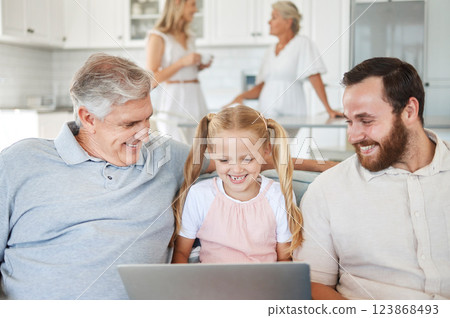 Laptop, streaming and big family with funny video on the internet on the living room sofa of their house. Happy, smile and comic girl laughing at a meme with grandfather and dad on the web in home Laptop, streaming and big family with funny video on the internet on the living room sofa of their house. Happy, smile and comic girl laughing at a meme with grandfather and dad on the web in home 123868493