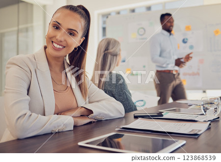 Business meeting, portrait and woman in marketing agency, company presentation and management planning in modern office. Happy young employee with motivation working together in startup collaboration 123868539