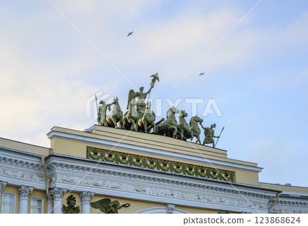 Sculpture of Imperial Quadriga on General Staff building on Palace Square in St. Petersburg, Russia 123868624