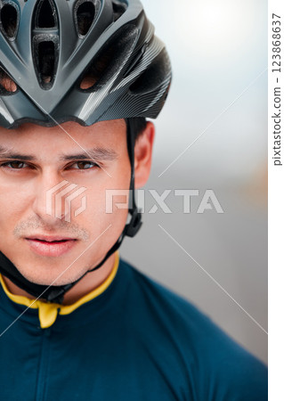 Sports man, cycling and face of cyclist looking ready, cool and determined while training outdoors. Mindset, motivation and portrait of athlete biking outside, proud, serious and fitness goal Sports man, cycling and face of cyclist looking ready, cool and determined while training outdoors. Mindset, motivation and portrait of athlete biking outside, proud, serious and fitness goal 123868637
