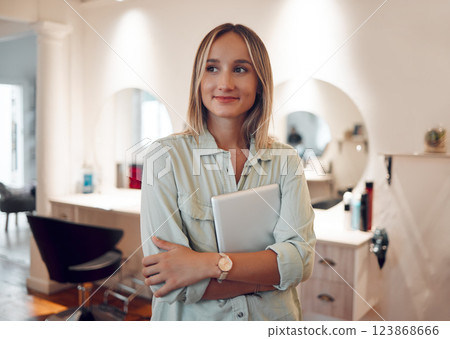 Hairdresser salon, happy and woman with tablet to check digital schedule, calendar or work day planner. Hair care, beauty studio and barbershop worker with mobile tech checklist to track inventory 123868666