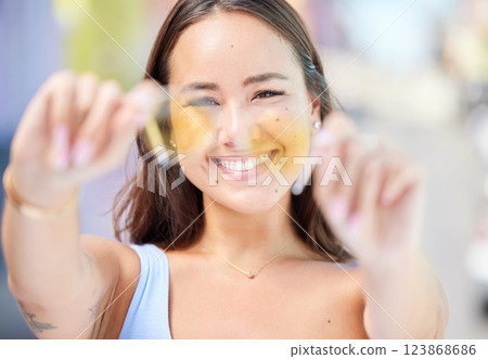 Sunglasses, portrait and woman with smile in the city of Miami during a holiday for travel in summer. Face of a happy, trendy and Asian girl with glasses, lens and frame for fashion on vacation Sunglasses, portrait and woman with smile in the city of Miami during a holiday for travel in summer. Face of a happy, trendy and Asian girl with glasses, lens and frame for fashion on vacation 123868686
