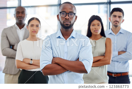 Diversity, serious and corporate team portrait with arms crossed in expert legal office workspace. Multicultural and professional lawyer company with assertive and smart people standing together. 123868773