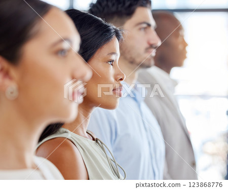 Profile, team and business woman in line or row in office standing or waiting for job interview. Side view, diversity and group, coworkers or people in company workplace for recruitment or hiring. Profile, team and business woman in line or row in office standing or waiting for job interview. Side view, diversity and group, coworkers or people in company workplace for recruitment or hiring. 123868776