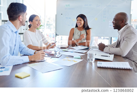 Happy business people, teamwork or corporate financial meeting review, leader consulting or collaboration. Goals, success or workshop with group in conference for planning, training or KPI growth 123868802