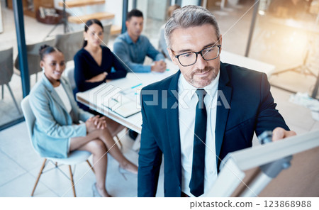 Presentation, meeting and business people for finance strategy, marketing coaching or company innovation brainstorming idea. Manager writing on whiteboard in a staff team building company workshop 123868988
