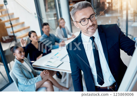 Business, coaching and learning, leader meeting or presentation with team idea sharing in corporate brainstorming workshop at startup. Teamwork, leadership and CEO man and women in office boardroom. Business, coaching and learning, leader meeting or presentation with team idea sharing in corporate brainstorming workshop at startup. Teamwork, leadership and CEO man and women in office boardroom. 123869006