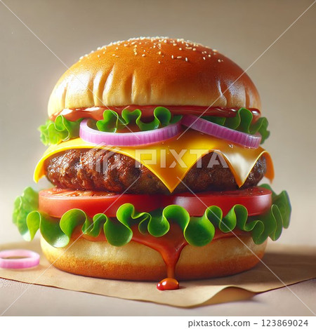 A mouthwatering gourmet burger. The burger features a toasted sesame seed bun, a thick and juicy beef patty, melted cheese, tomato, onion, salat A mouthwatering gourmet burger. The burger features a toasted sesame seed bun, a thick and juicy beef patty, melted cheese, tomato, onion, salat 123869024