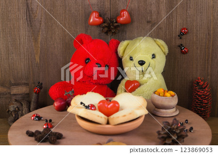 Two toy soft bears celebrate Valentine Day Two toy soft bears celebrate Valentine Day 123869053