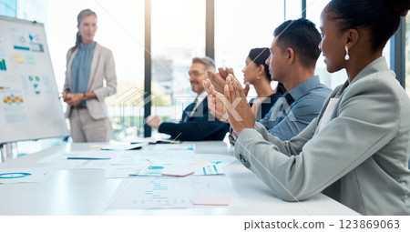Presentation, business meeting or team applause for success marketing, advertising or KPI financial company growth. Teamwork, motivation or coaching mentor for data analysis or target goal in office. 123869063