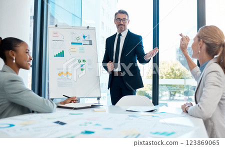 Strategy, planning and sales chart presentation, idea sharing in corporate brainstorming workshop at startup. Teamwork, leadership and CEO man and women in business growth meeting in office boardroom 123869065