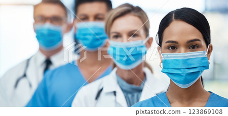 Healthcare, covid and compliance by team of doctors leading with medical innovation during a global pandemic. Health, safety and face mask with cardiology experts in the front line at disease clinic 123869108