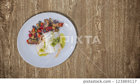 Grilled Cod with Vegetables, Spain 123869117