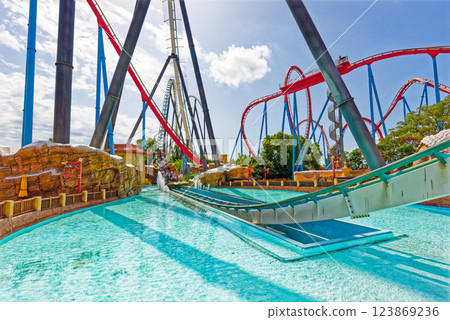 Roller Coaster in funny amusement park. Roller Coaster in funny amusement park. 123869236