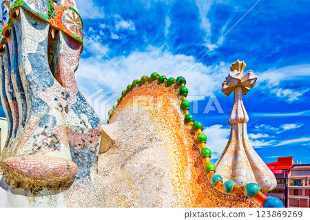 Outdoor on roof Gaudi's creation- House Casa Batllo. 123869269