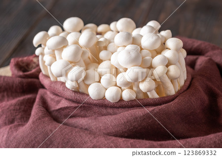 Fresh white beech mushrooms elegantly arranged in textile 123869332