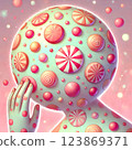 A humanoid figure with a spherical head covered in pink and white candy-like bumps, resembling a fictional illness called Candy Pox. 123869371
