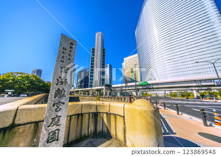 Tokyo cityscape in Japan, overlooking the Shiodome business district, the Route 2 Loop Line, and the entrance to the former Hama-rikyu Gardens 123869548