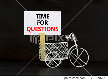 Time for questions symbol. Concept words Time for questions on beautiful white paper on clothespin. Beautiful black background. Miniature bicycle. Business time for questions concept. Copy space. 123869664