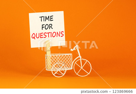 Time for questions symbol. Concept words Time for questions on beautiful white paper on clothespin. Beautiful orange background. Miniature bicycle. Business time for questions concept. Copy space. Time for questions symbol. Concept words Time for questions on beautiful white paper on clothespin. Beautiful orange background. Miniature bicycle. Business time for questions concept. Copy space. 123869666
