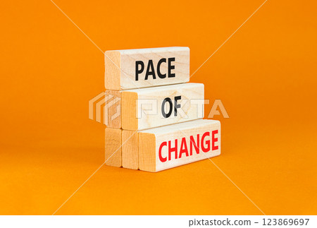 Pace of change symbol. Concept words Pace of change on beautiful wooden blocks. Beautiful orange table orange background. Business pace of change concept. Copy space. 123869697