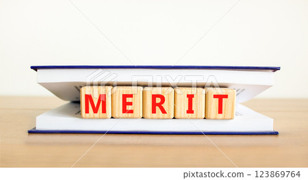 Merit symbol. Concept word Merit on beautiful wooden blocks in book. Beautiful wooden table white background. Business lifestyle merit concept. Copy space. 123869764