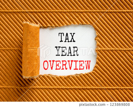 Tax year overview symbol. Concept words Tax year overview on beautiful white paper. Beautiful brown table brown background. Business tax year overview concept. Copy space. 123869808