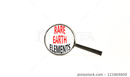 Rare earth elements symbol. Concept words Rare earth elements in beautiful magnifying glass. Beautiful white background. Business and rare earth elements concept. Copy space. 123869809