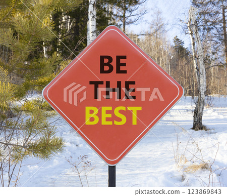 Motivational be the best symbol. Concept words Be the best on beautiful red road sign. Beautiful snow forest background. Business motivational be the best concept. Copy space. Motivational be the best symbol. Concept words Be the best on beautiful red road sign. Beautiful snow forest background. Business motivational be the best concept. Copy space. 123869843