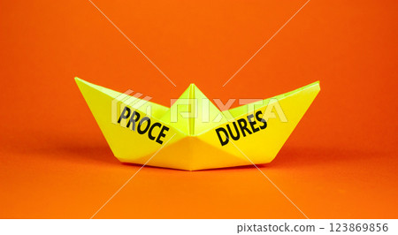 Procedures symbol. Concept word Procedures on beautiful yellow paper boat. Beautiful orange background. Business procedures concept. Copy space. Procedures symbol. Concept word Procedures on beautiful yellow paper boat. Beautiful orange background. Business procedures concept. Copy space. 123869856